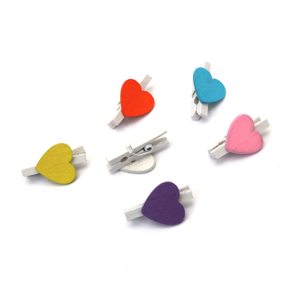 White Wooden Clips with Colorful Hearts – 3x25 mm (Set of 12) – Perfect for Fun Crafts, Party Decorations & Handmade Gifts