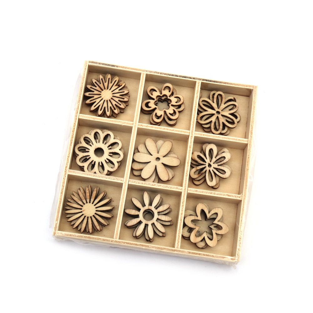 Set Creativ Figurine din Lemn în Cutie – 27 buc., 9 modele unice asortate, 24±29 x 24±29 x 3 mm – Perfect pentru decorațiuni, scrapbooking, ambalare cadouri și proiecte DIY, hobby & craft