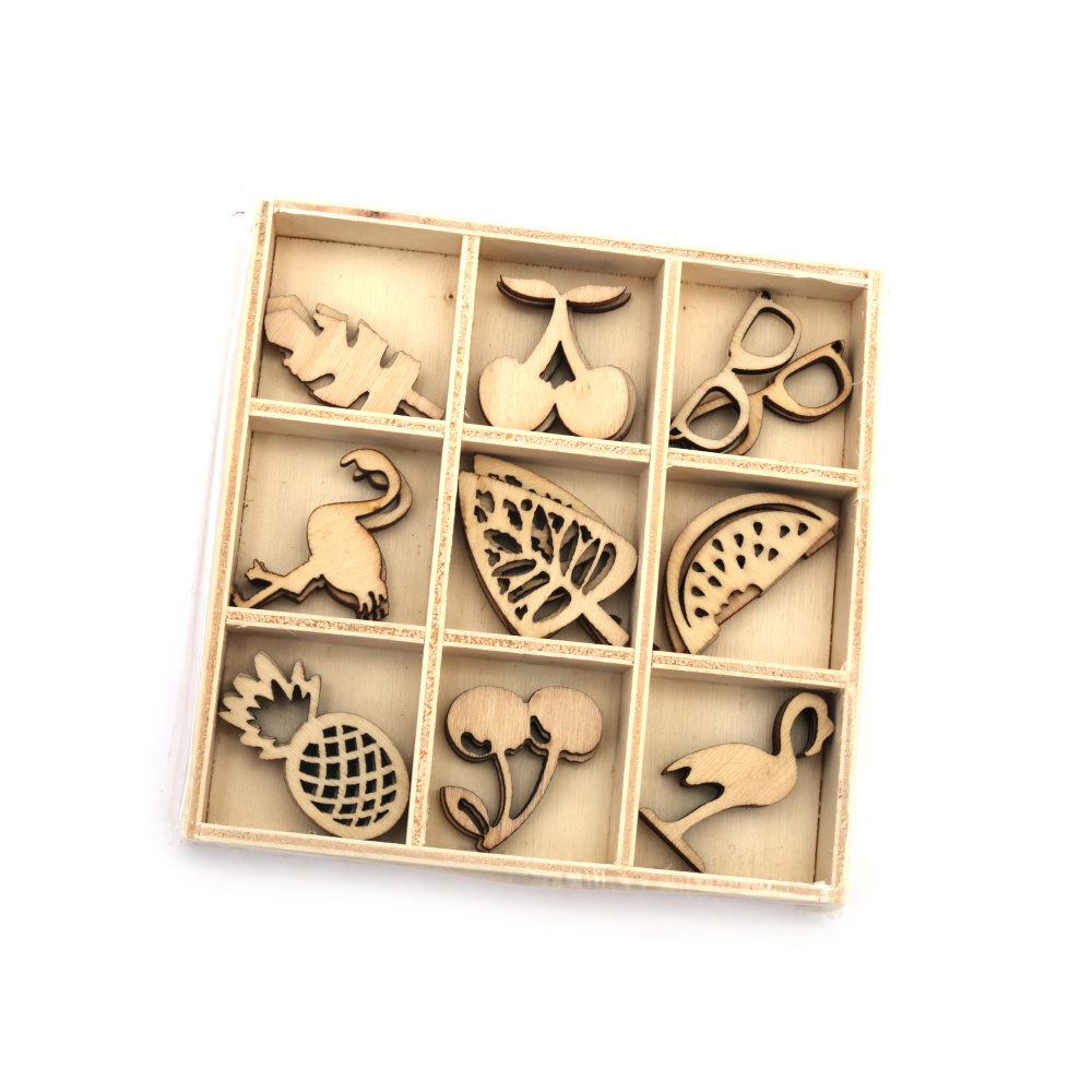 Set figurine din lemn în cutie – 27 buc., 9 modele unice asortate (mix), dimensiuni 28±40 x 11±26 x 3 mm – ideale pentru decorațiuni, scrapbooking, împachetare cadouri și proiecte DIY, hobby & craft