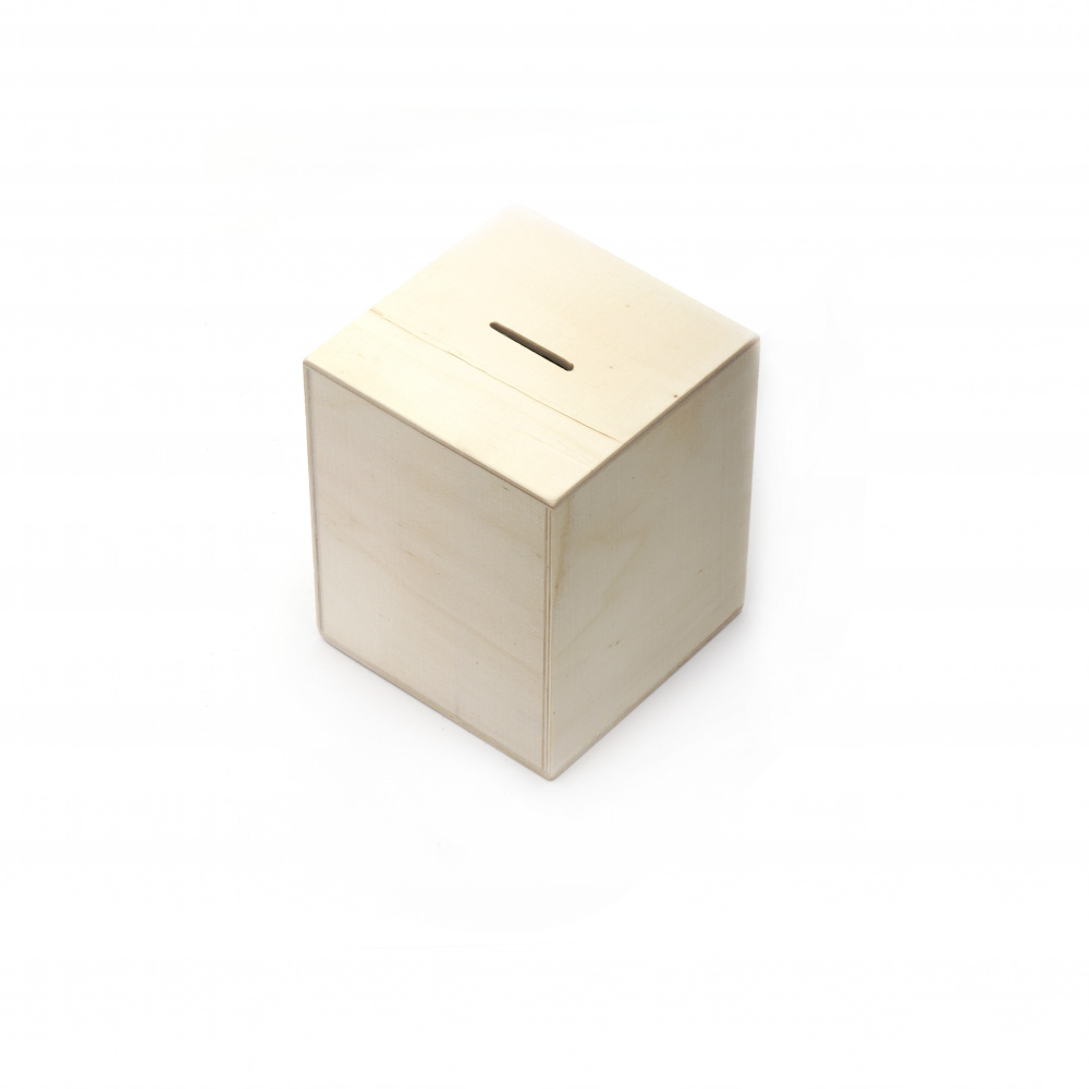 Unfinished Wooden Money Box with Cube Shape / 120x120x120 mm