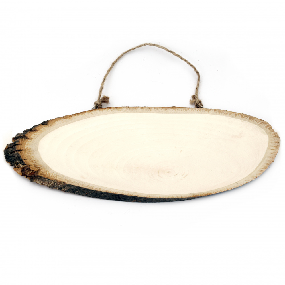 Oval shaped unfinished wooden slice with rope  300~330x100~120mm