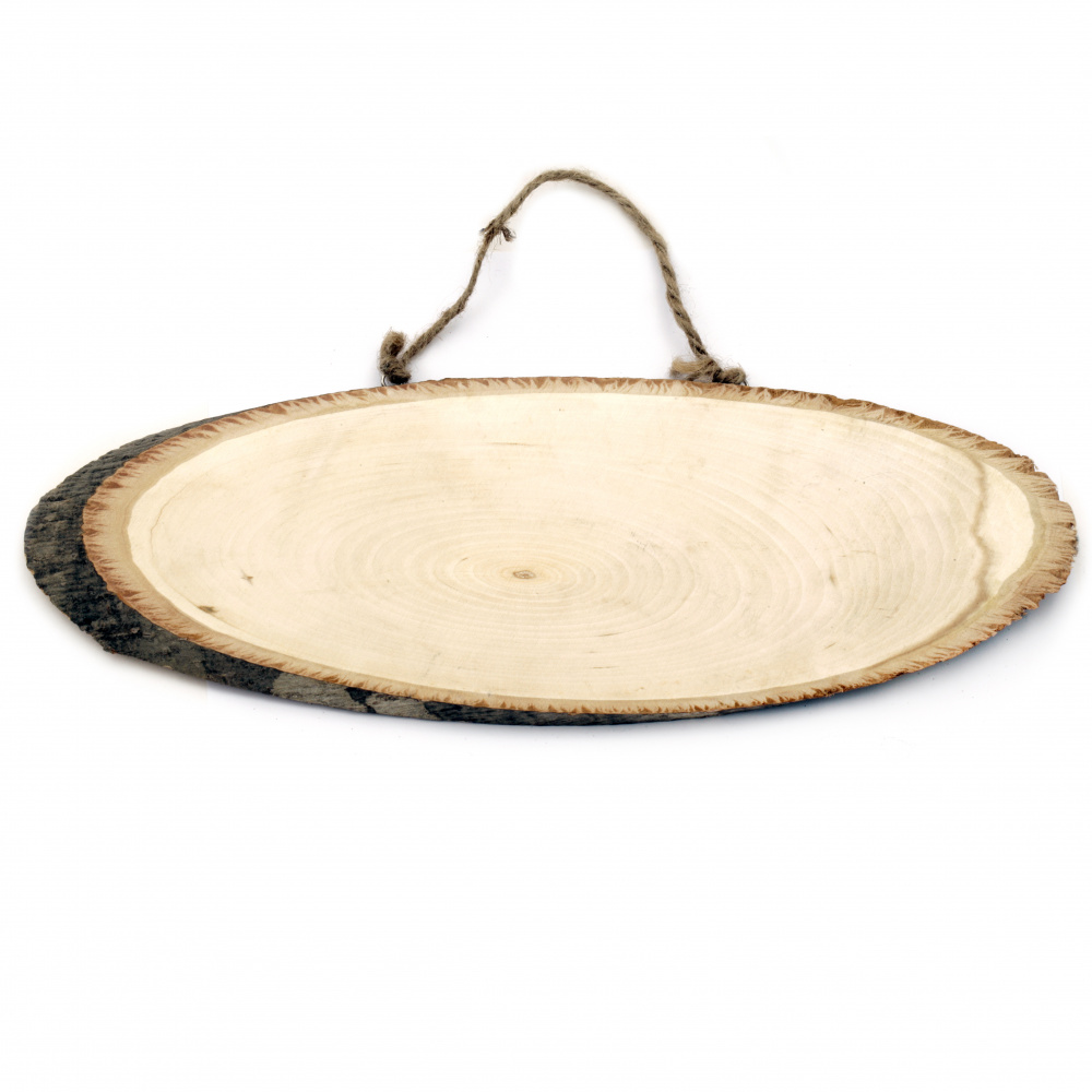 Oval shaped unfinished wooden slice with rope  330~360x100~145mm