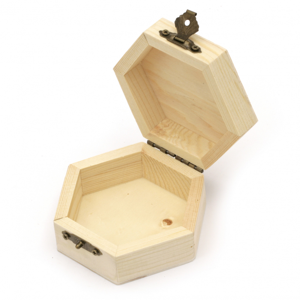 Wooden box with metal clasp hexagonal 90x80x40 mm