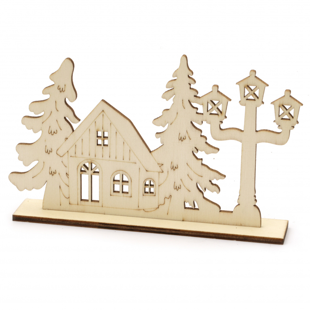Small wooden house with trees 160x100 mm with stand