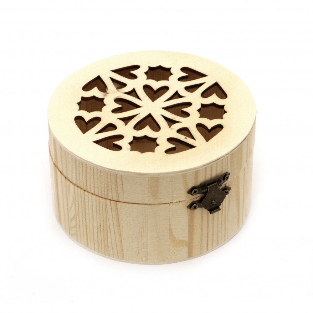 Wooden Box, 90x50 mm, Round with Ornaments