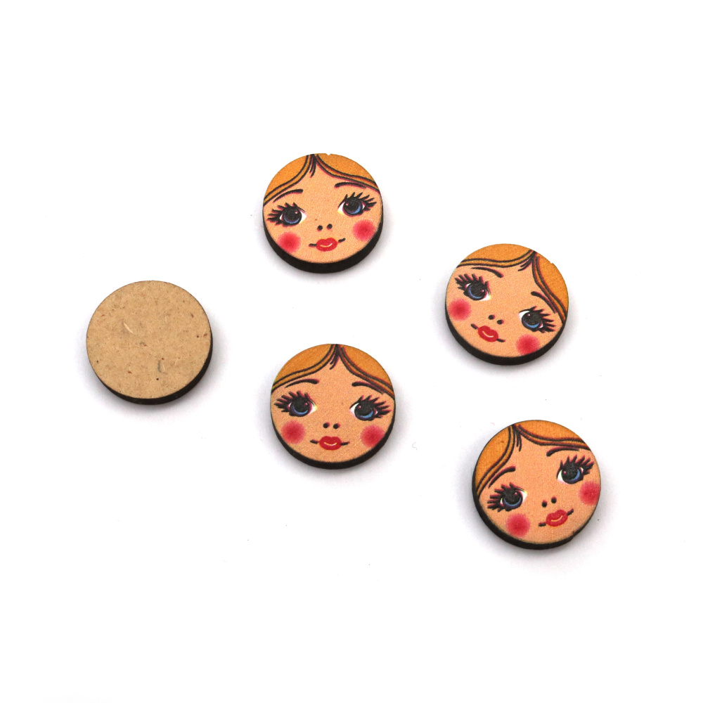 Cabochon decorativi in MDF tondi con stampa viso di ragazza, 16x3 mm - 10 pz