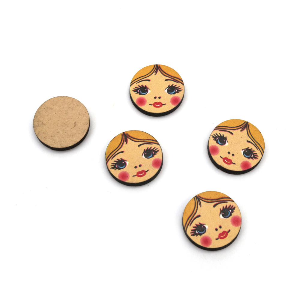 Elemento decorativo in MDF, cabochon rotondo con stampa volto di ragazza, 20x3 mm – set da 10 pz