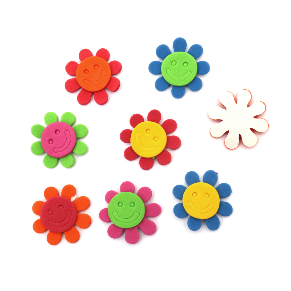 Self-adhesive Foam Flowers with smiles /EVA material/ 45 mm mix colors - 12 pieces