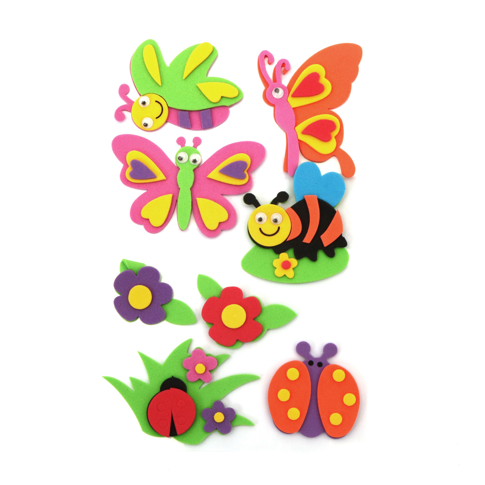 Самозалепващи калинки,пеперуди и цветя фоам /EVA материал/ АСОРТЕ форми -8 броя