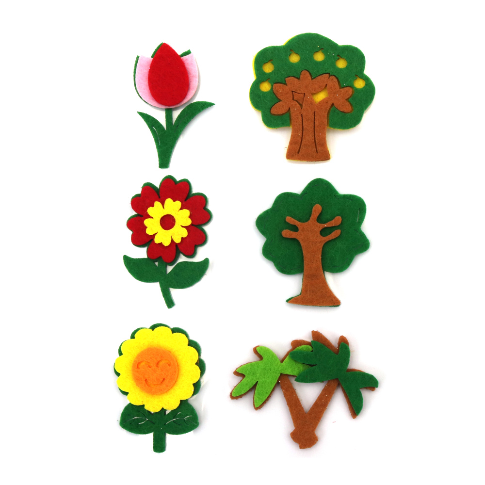 Self-adhesive Flowers & Trees Stickers made of Felt, Size: from 47 to 53 mm, perfect for decoration, DIY Crafts, Scrapbooking - 6 pieces