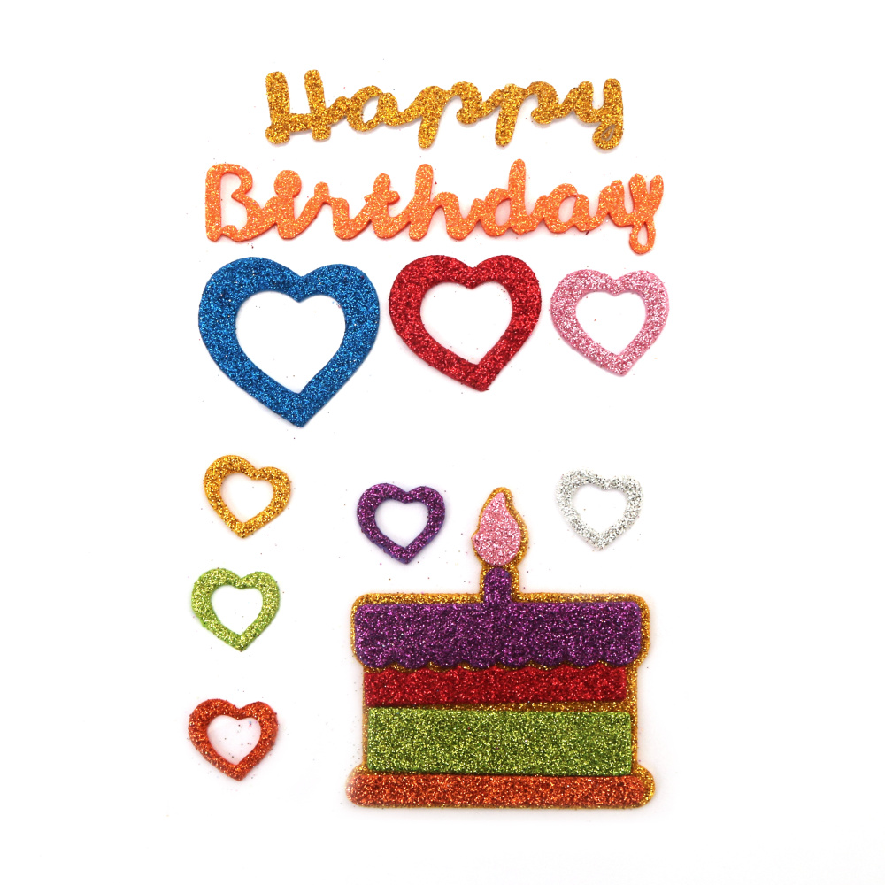 Self-adhesive figurines foam /EVA material/ with glitter Birthday mix colors -11 pieces