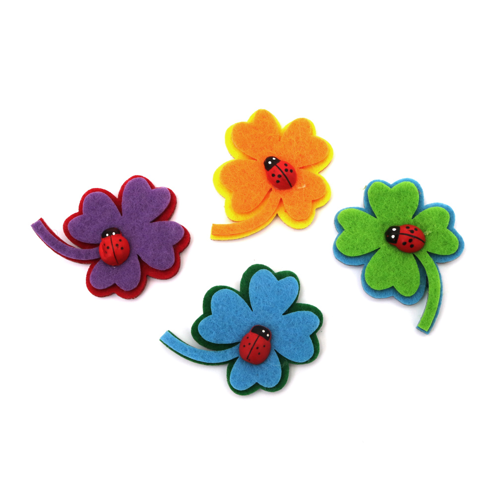 Self-adhesive Four Leaf Clover Stickers made of Felt, Clover Leaves with Ladybugs, Size: 55x40 mm, ASSORTED Colors - 4 pieces