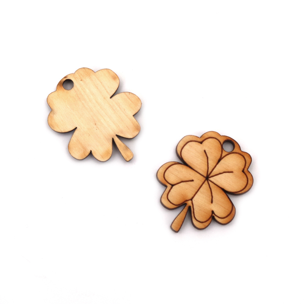 Wooden figurine for decoration clover with handle 35x30x3 mm hole 3 mm -10 pieces