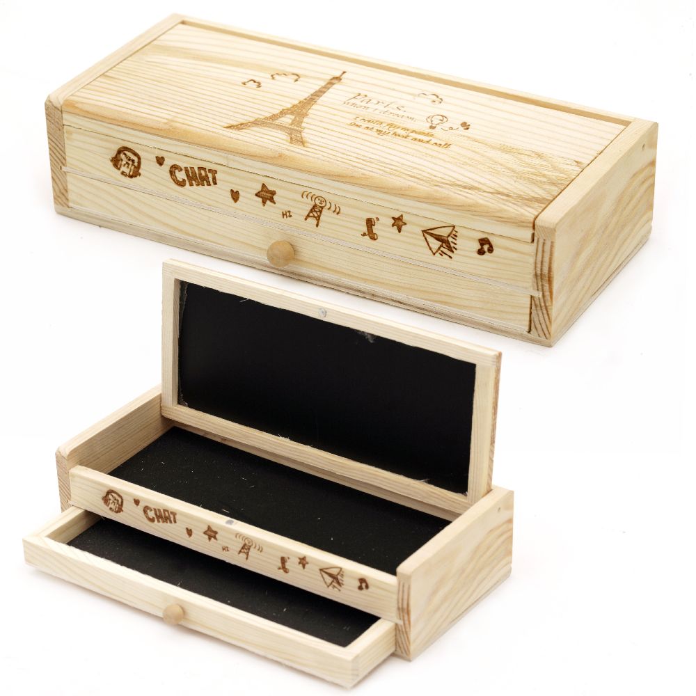 DIY Wooden pencil box with drawer push-up lid with blackboard 205 x 90 x 55 mm