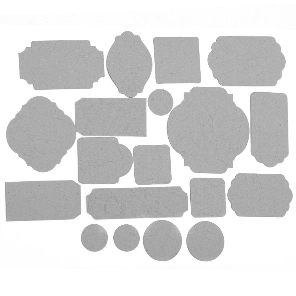 Таг от релефен картон различни форми от 17 до 67 мм сив 19 броя