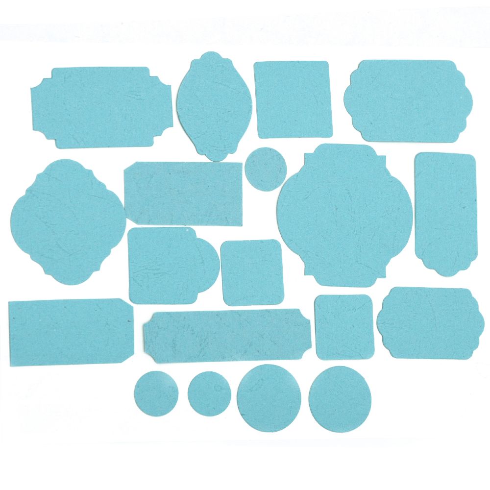 Таг от релефен картон различни форми от 17 до 67 мм син светло 19 броя