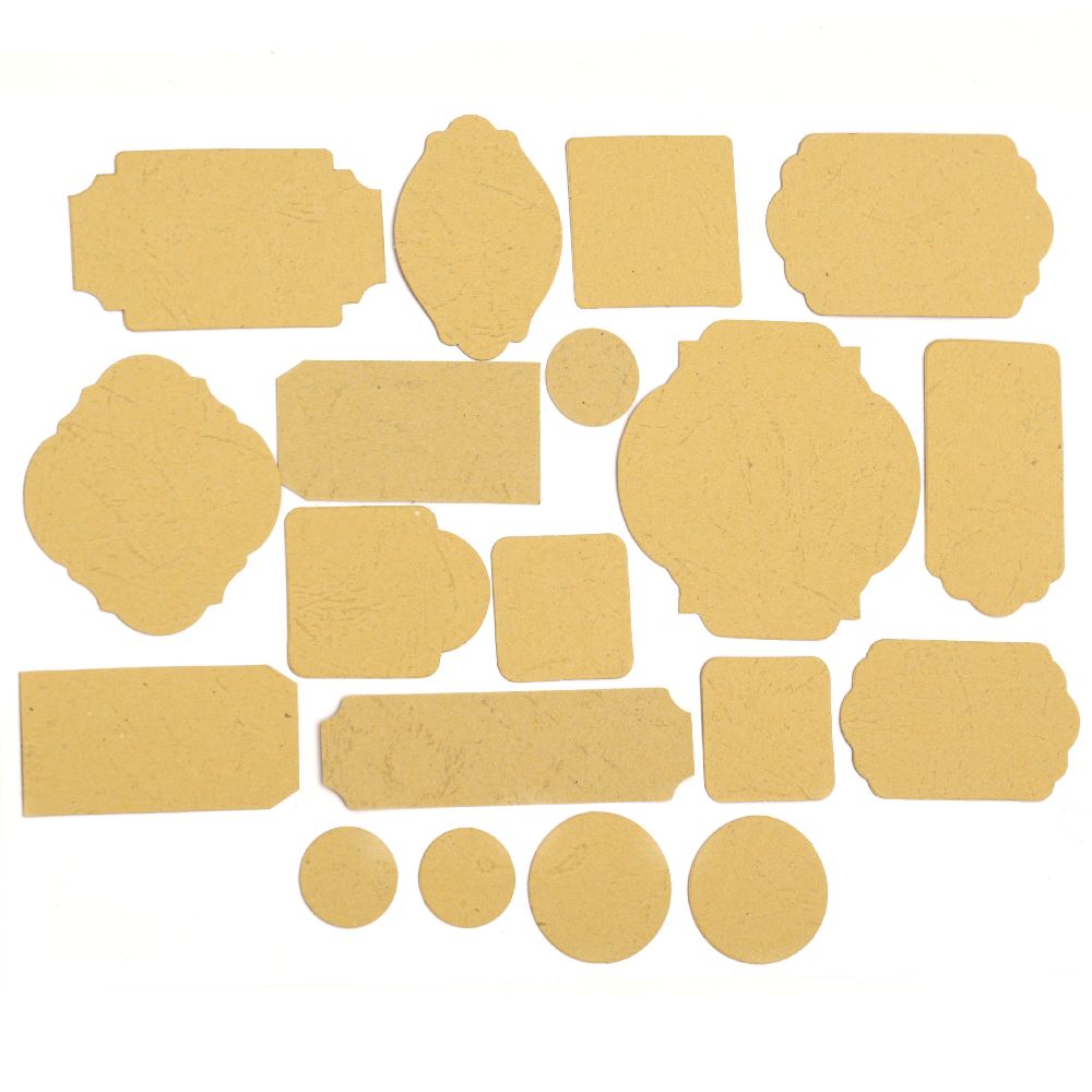 Таг от релефен картон различни форми от 17 до 67 мм охра 19 броя