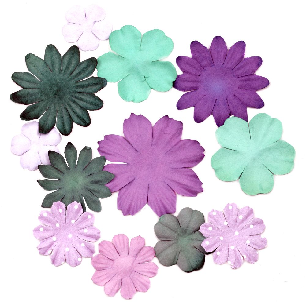 Embossed Paper flowers from 25mm to 50mm Assorted colors - purple and green - 3 grams approximately 30 pieces