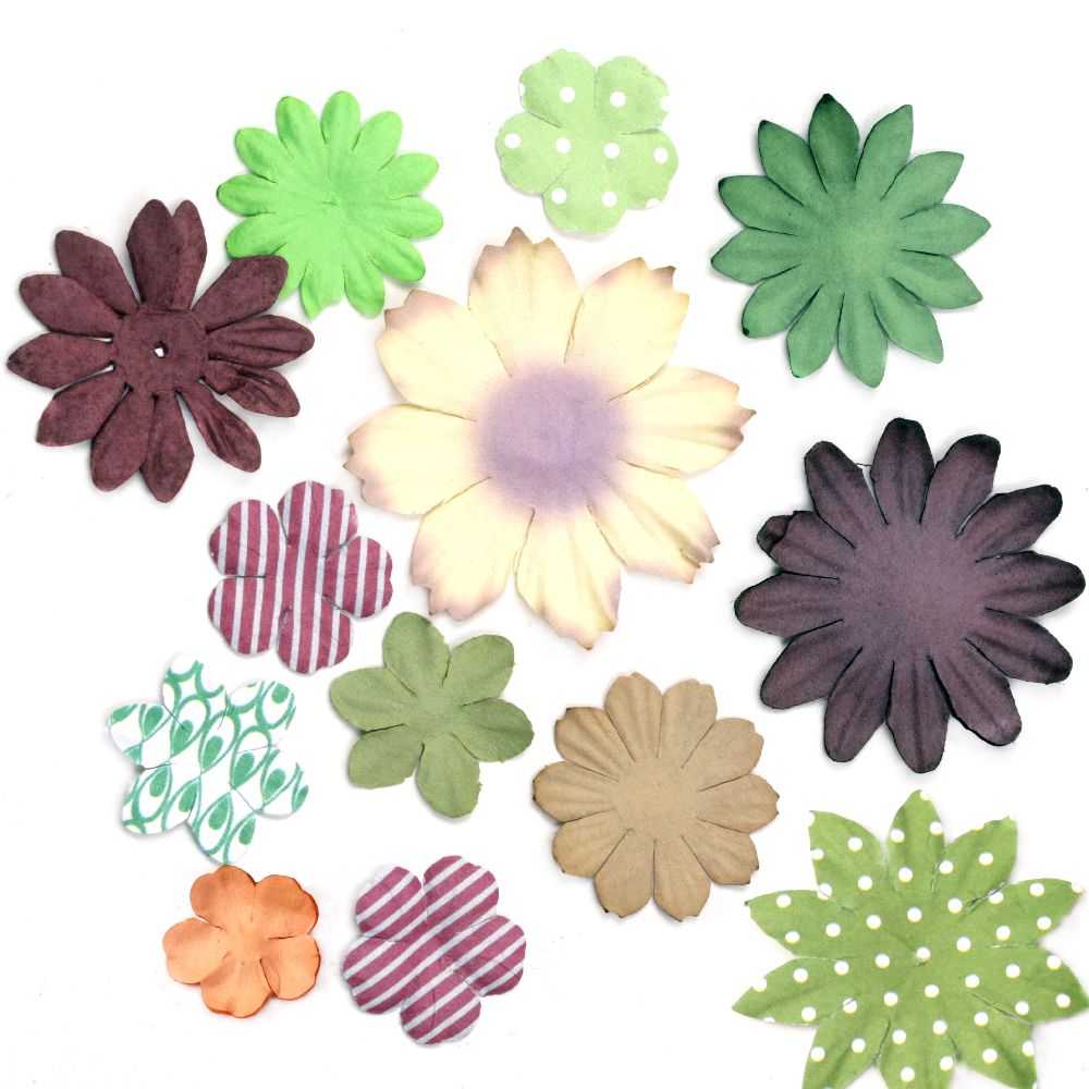 Flori cu hârtie în relief de la 25 mm la 70 mm culori asortate - maro și verde -3 grame aproximativ 30 de bucăți