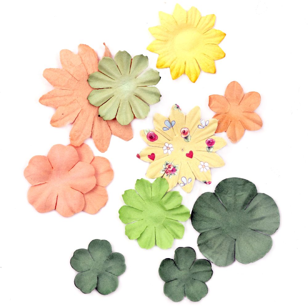 Flori cu hârtie în relief de la 25 mm la 70 mm culori asortate - portocaliu și verde -3 grame aproximativ 30 de bucăți