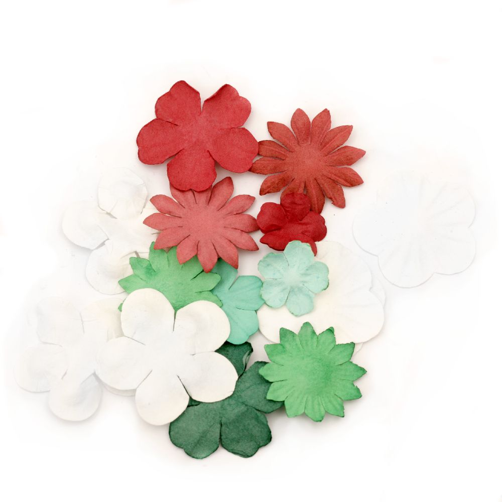 Embossed Paper flowers  from 25 mm to 60 mm white, green, red - 3 grams approximately 30 pieces
