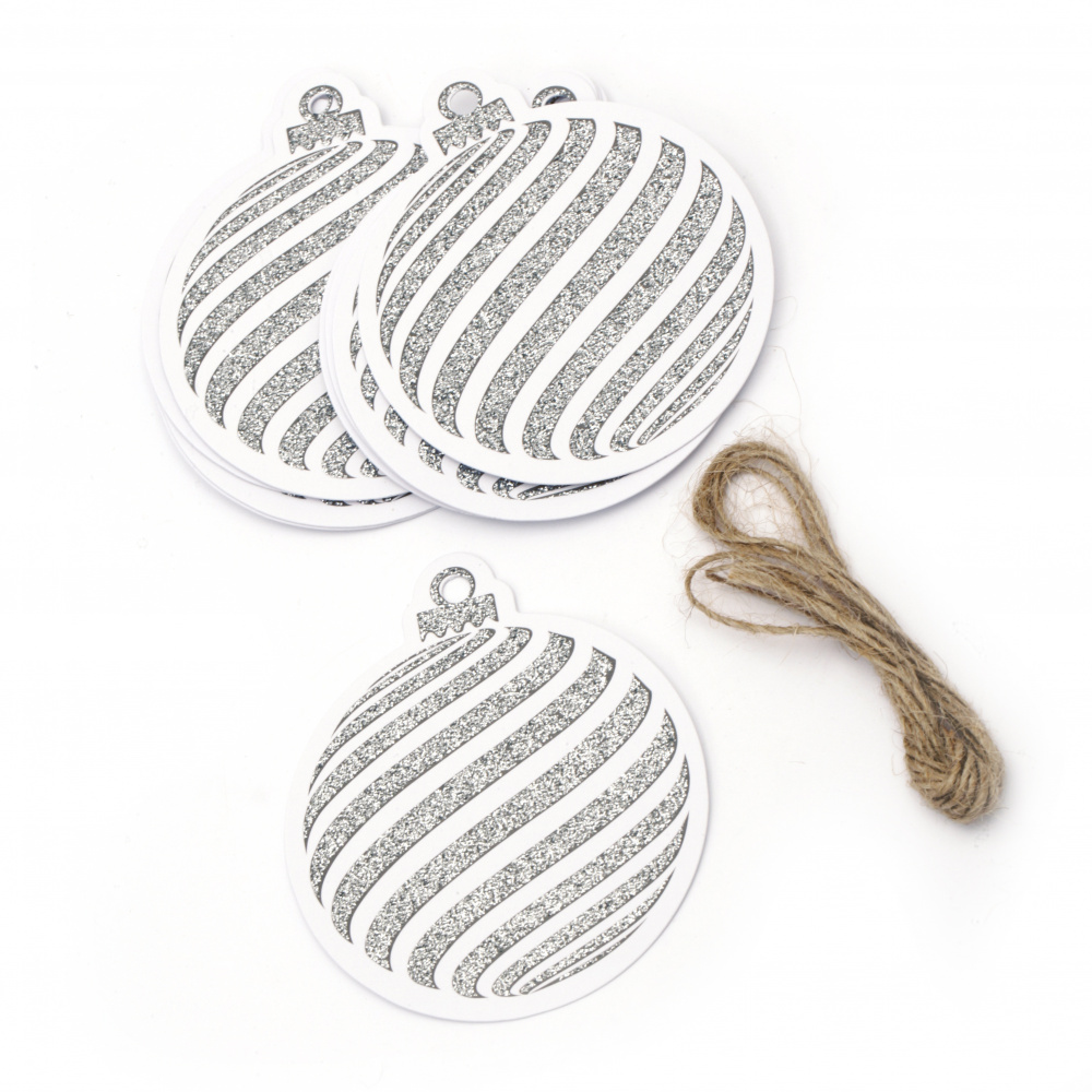 Glitter Christmas Cardboard Tags with Cord, Silver 7.2x8.2 cm  ~ 12 pieces