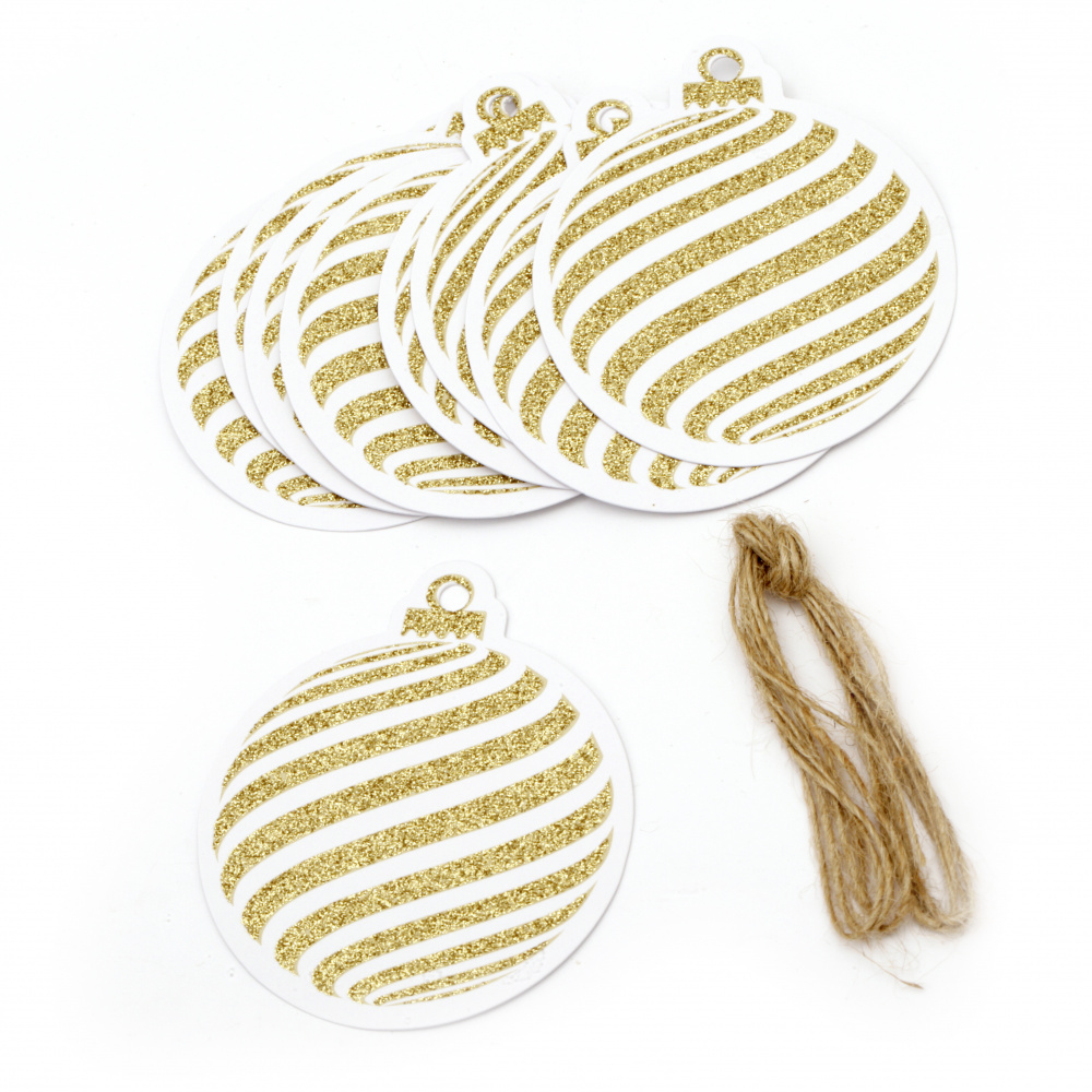 Glitter Christmas Cardboard Tags with Cord, Gold 7.2x8.2 cm ~ 12 pieces