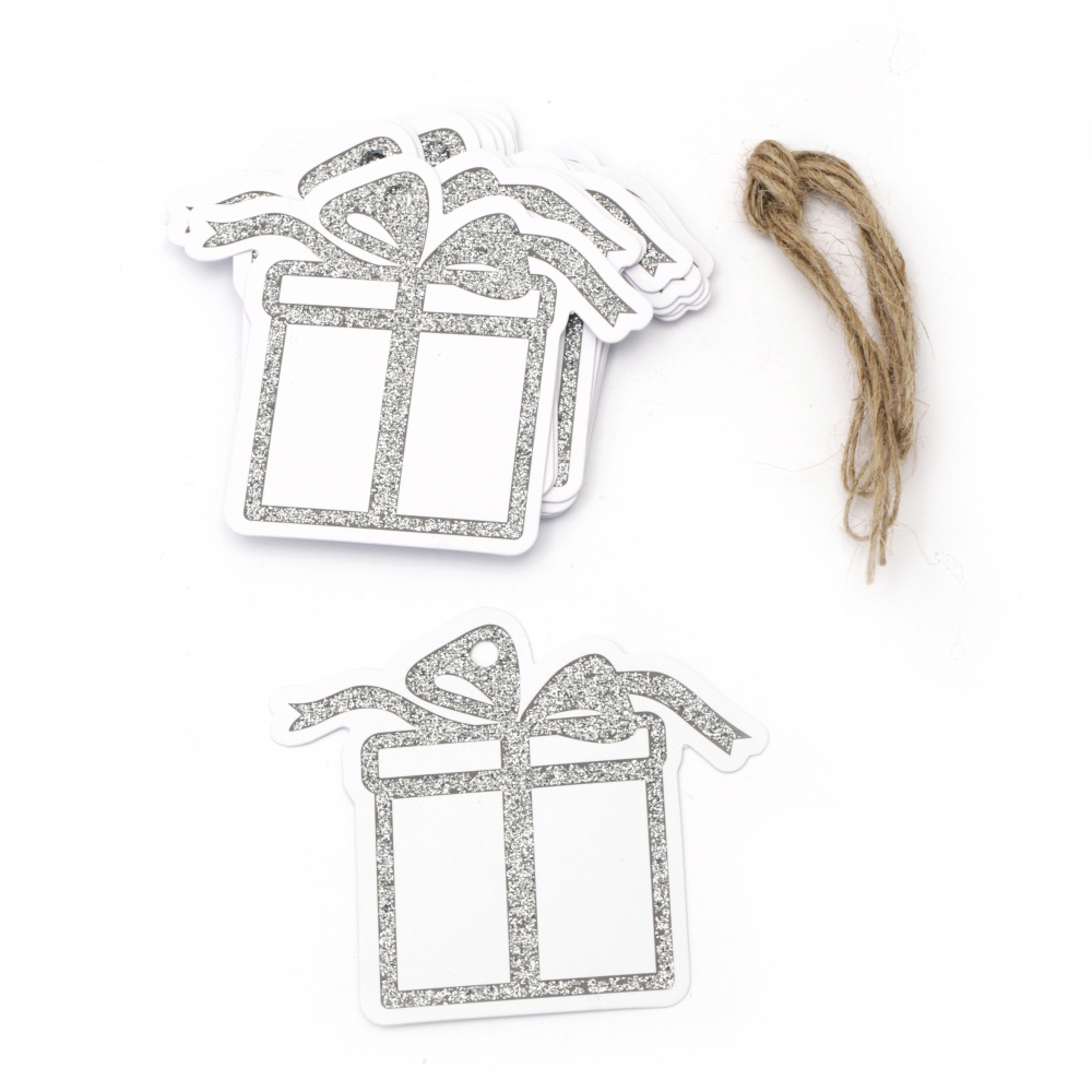 Glitter Christmas Cardboard Tags with Cord, Silver 8.6x7.5 cm ~ 12 pieces