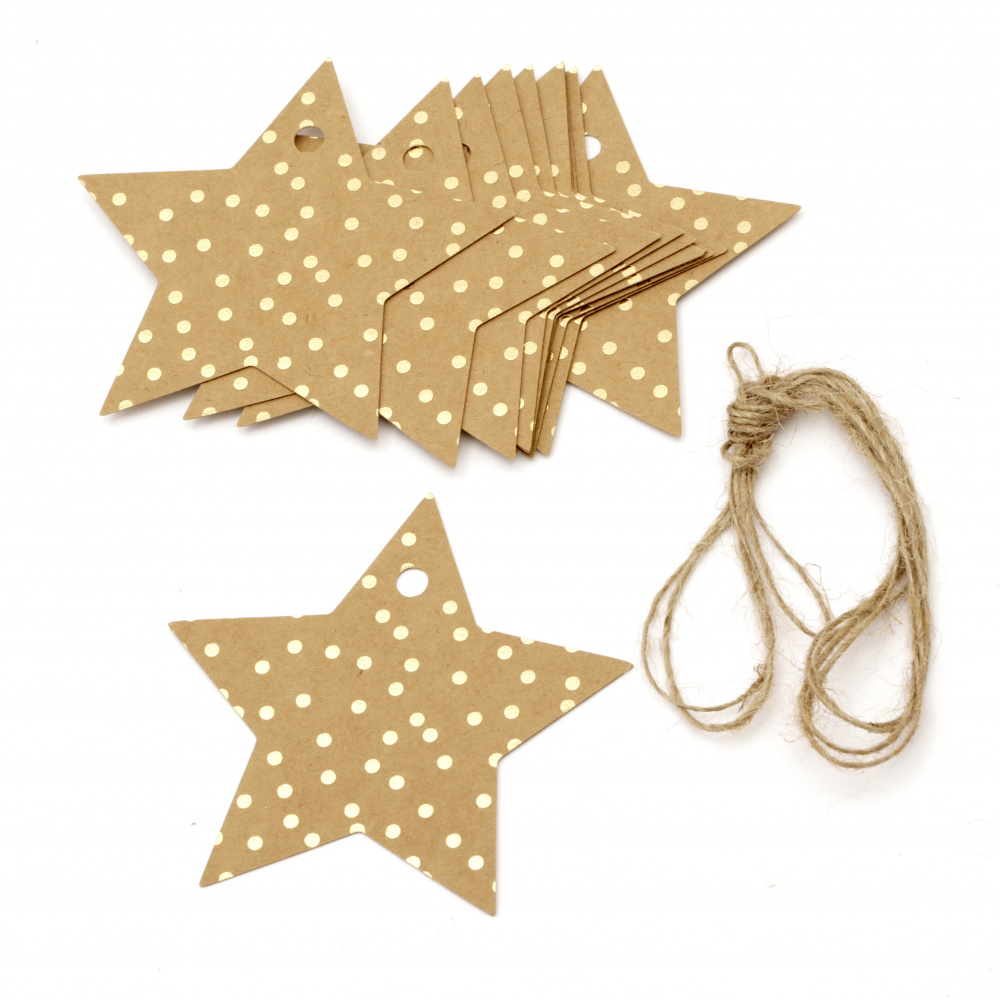 Kraft Cardboard Star Tags with Gold Foil Dot Pattern and Jute Cord 8.5x8.5 cm -12 Pieces