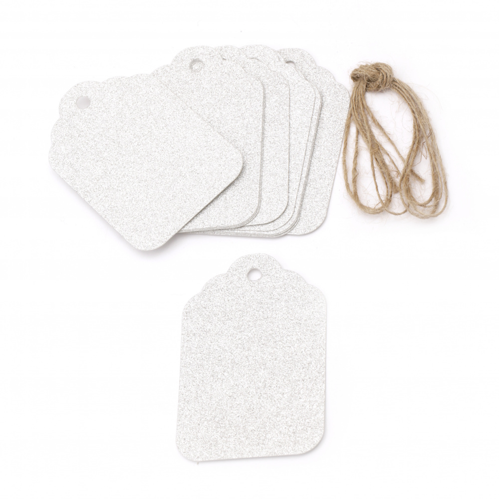 Glitter Cardboard Gift tags, Silver with Jute Cord 5.7x8.5 cm -12 pieces
