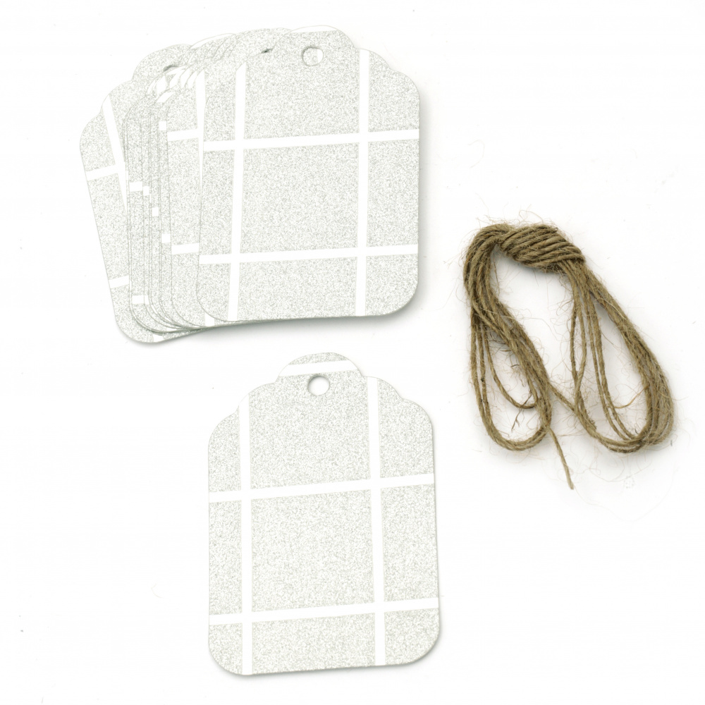 Glitter Cardboard Gift tags, Silver with Squares Pattern and Jute Cord 5.7x8.5 cm -12 pieces
