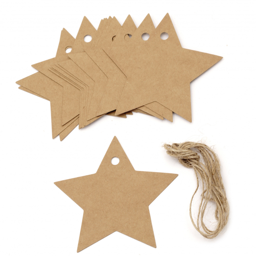 Kraft Cardboard Star Tags with jute cord 8.5x8.5 cm   -12 pieces