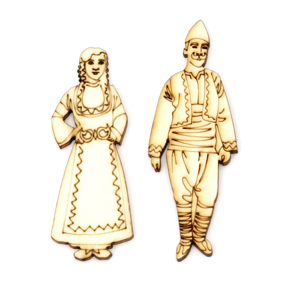 Figurine wooden man 76x28 mm and woman 68x26 mm with folk costumes