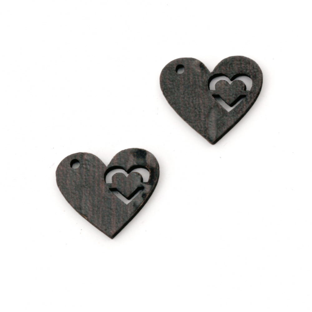 MDF Wooden Element for decoration heart brown 15x18x3 mm - 10 pieces