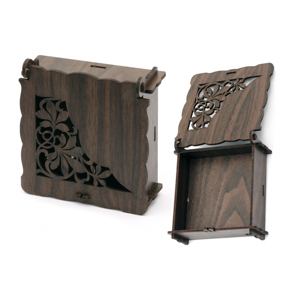 Folding MDF box with ornamented lid for decoration 90x35 mm brown