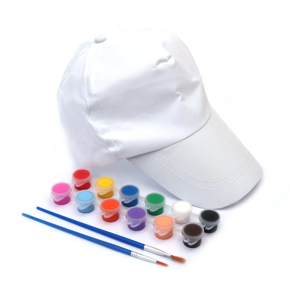 Комплект шапка с козирка 100 процента памук и акрилни бои - 12 цвята и 2 броя четки