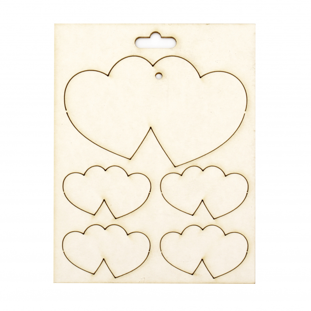Set of elements of chipboard large hearts  55x90 mm and small hearts 25x43 mm - 5 pieces