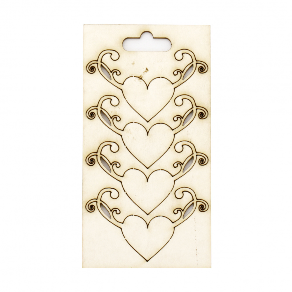 Set of elements of chipboard heart for embellishment of festive cards, frames, albums 30x50 mm - 4 pieces