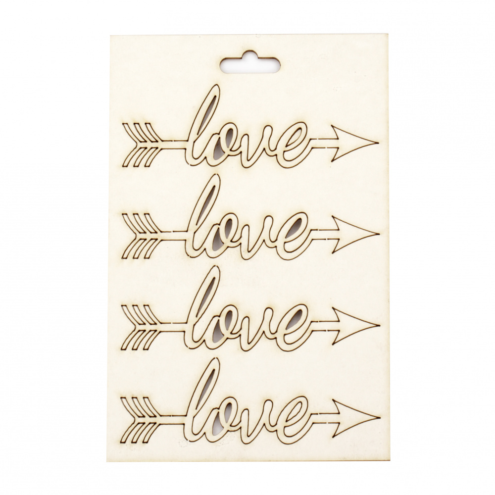Set of elements made of chipboard "LOVE" inscription shaped 30x85 mm - 4 pieces