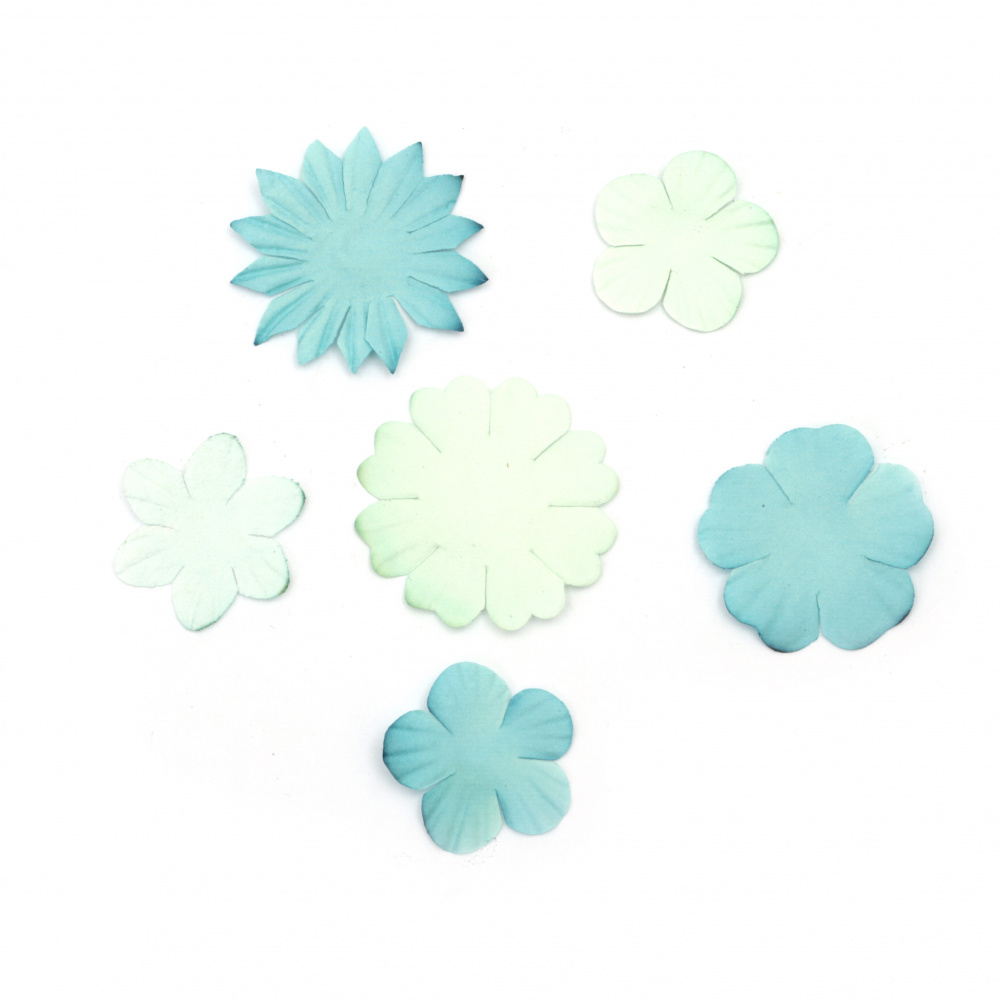 Embossed Paper Flowers, 25-38 mm, 5 Varieties in White and Blue - 30 Pieces