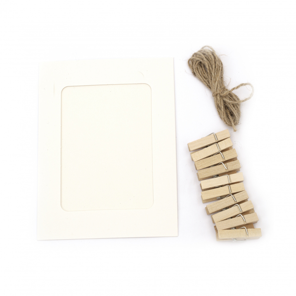 Set rame carton 156x116 mm cu cleme decorative -10 bucati si sfoara de canepa culoare alb