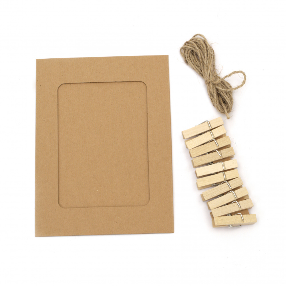 Set of Cardboard Frames, Outer Size 183x134 mm, with Decorative Clips - 10 pieces, and Coconut-colored Hemp Cord