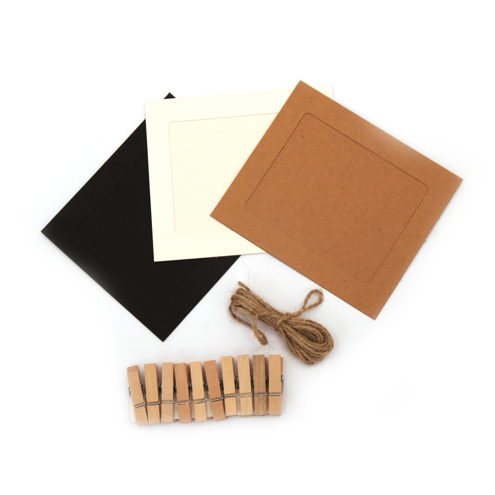 Set of 10 colored cardboard photo frames with an external size of 104x120 mm, including decorative clips, and hemp rope in white, black, and coconut colors