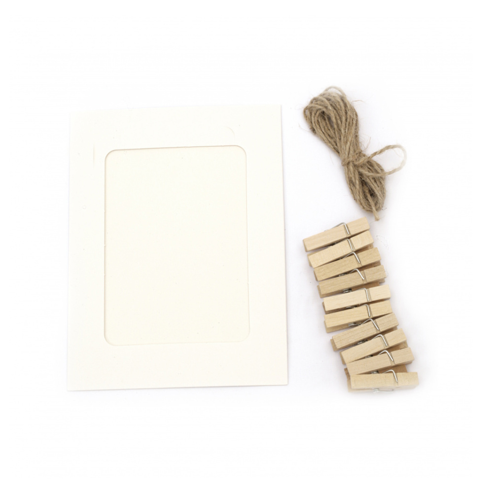 Creative Cardboard Frame Set 104x120 mm – Includes 10 Decorative Clips & White Hemp Rope for Photo Displays, Wall Décor & Handmade Projects