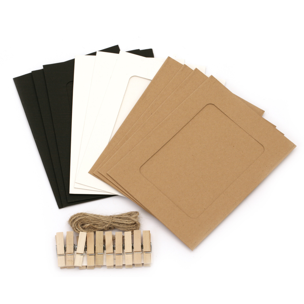 Elegant Cardboard Frame Set 131x97 mm – Includes 10 Decorative Clips & Hemp Rope in White, Black & Coconut Colors for Photo Displays, Wall Décor & Creative Handmade Projects