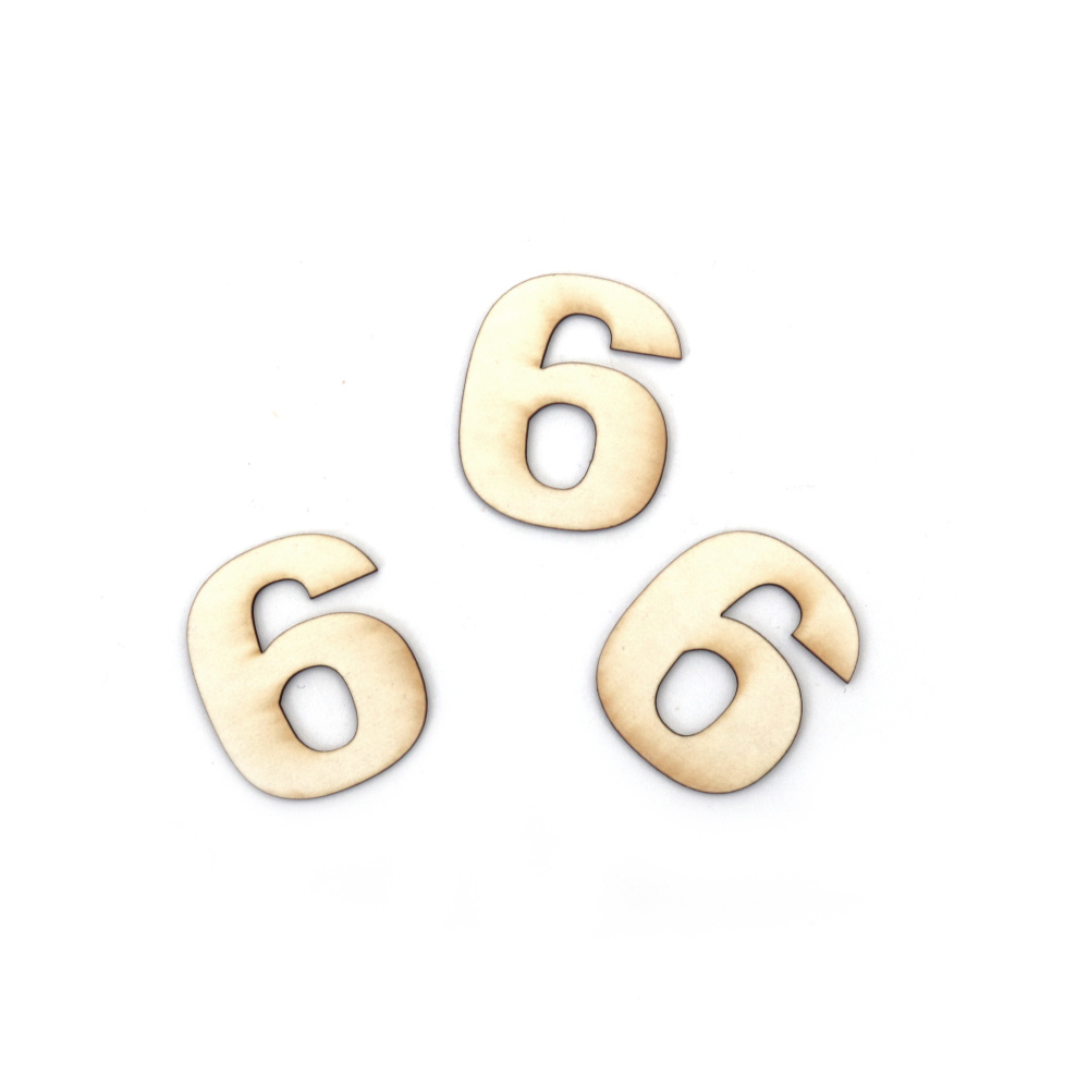 Number "6" Chipboard Cutout, 3 cm, Font 1 - 5 pieces