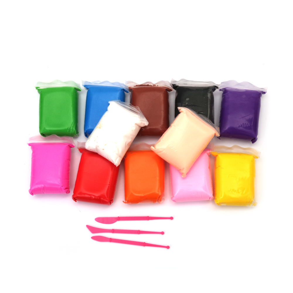 Set lut polimeric moale cu unelte – 12 culori vii asortate x ~12 g, ideal pentru proiecte DIY, handmade și activități creative pentru copii