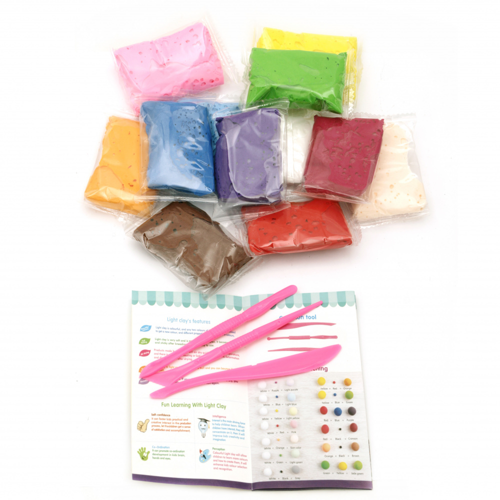 Air-Dry Modeling Clay Set with Tools and Instructions, Mixed Colors, Box of 12 Colors, ~95 g
