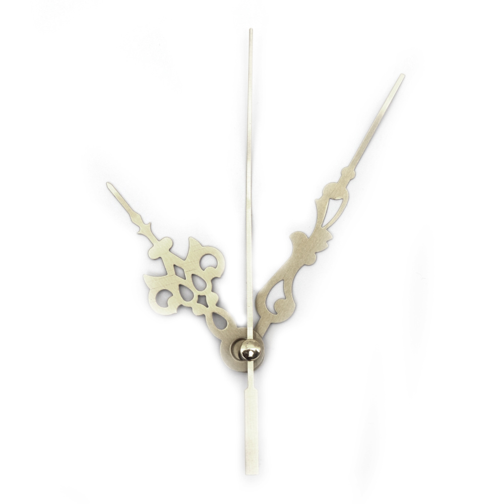 Set of vintage clock hands: hour hand 65 mm, minute hand 92 mm, second hand 123 mm, silver color
