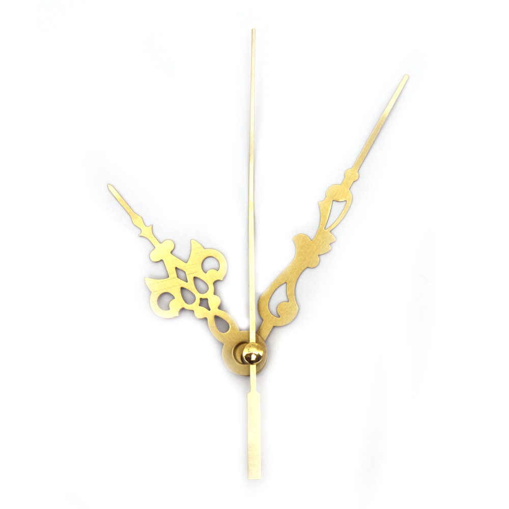 Set of vintage clock hands: hour hand 65 mm, minute hand 92 mm, second hand 120 mm, color gold